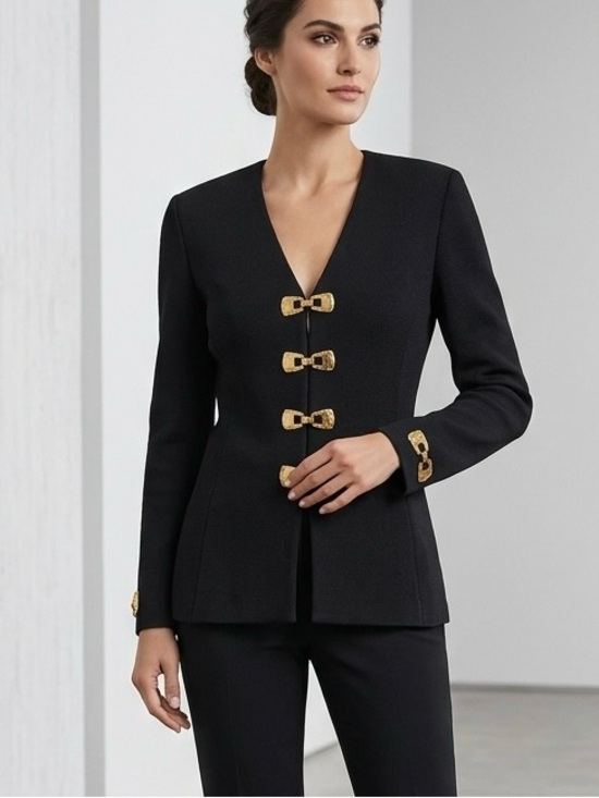 St. John Jackets & Blazers - St. John Black Knit Blazer with Zipper Front and Gold Tone Hook and Eye Closures